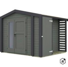Modernes Gartenhaus aus Holz mit Doppeltüren, Glaseinsatz und angebautem seitlichem Unterstand. (Image AI modified or generated)