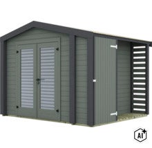 Modernes Holzgartenhaus mit Doppeltür, Glaseinsätzen und seitlichem Anbau für Brennholz. (Image AI modified or generated)