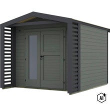 Modernes Gartenhaus aus Holz mit Satteldach, Doppeltür und seitlichen Lamellenverkleidungen für den Garten. (Image AI modified or generated)