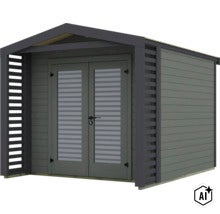 Modernes Gartenhaus aus Holz mit Satteldach und Doppeltüren inklusive Seitenelementen mit Lamellenoptik. (Image AI modified or generated)