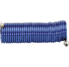 Blauer Spiralschlauch für Druckluft mit Metallanschlüssen.