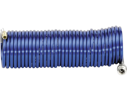Blauer Spiralschlauch für Druckluft mit Metallanschlüssen.