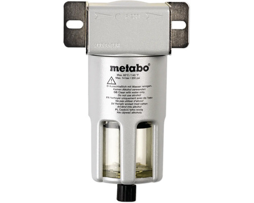 Metabo Druckluftfilter aus Metall mit transparentem Sichtglas und Metabo Logo.