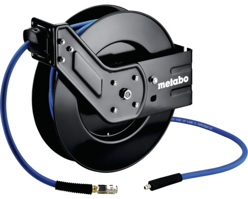 Metabo Automatik-Druckluft-Schlauchtrommel aus schwarzem Metall mit blauem Schlauch, Metabo Logo und Wandhalterung.