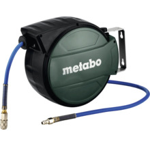 Metabo Automatik-Druckluft-Schlauchtrommel mit Wandhalterung und blauem Schlauch
