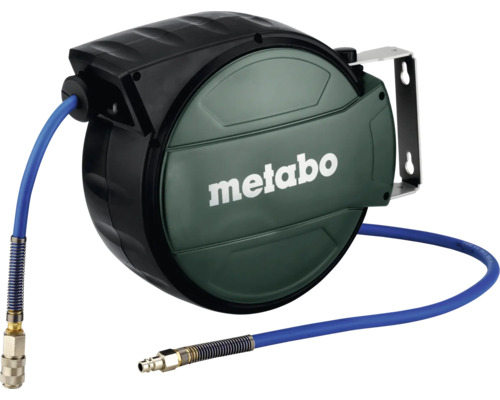 Metabo Automatik-Druckluft-Schlauchtrommel mit Wandhalterung und blauem Schlauch