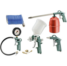 Metabo Druckluft-Werkzeug-Set bestehend aus Farbspritzpistole, Reifenfüllmessgerät, Ausblaspistole, Sprühpistole und Spiralschlauch.