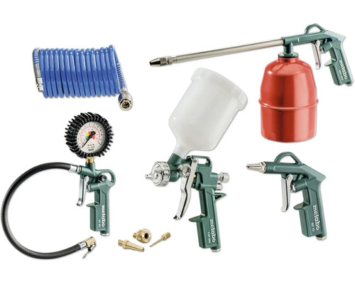 Metabo Druckluft-Werkzeug-Set bestehend aus Farbspritzpistole, Reifenfüllmessgerät, Ausblaspistole, Sprühpistole und Spiralschlauch.