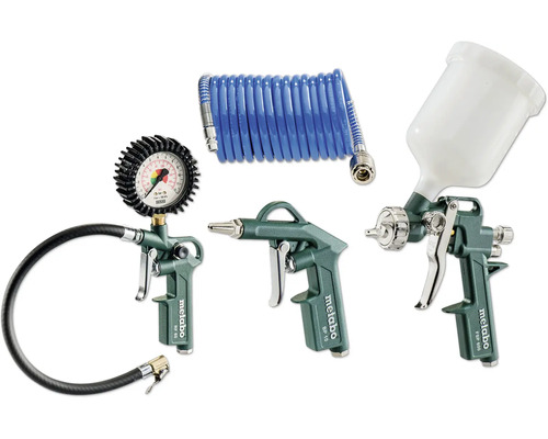 Metabo Druckluft-Werkzeugset bestehend aus Reifenfüllmessgerät, Ausblaspistole, Farbspritzpistole und Spiralschlauch.
