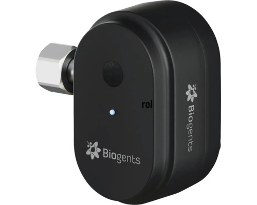 Biogents BG-CO2 Timer für Mückenfallen, schwarzes Gerät mit Logo, Status-LED und silberner Anschlussmutter.