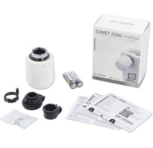 Eurotronic Comet Zero Matter Energiesparregler Set mit Heizkörperthermostat, Adaptern, Batterien, Anleitung und Verpackung.