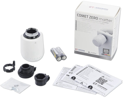 Eurotronic Comet Zero Matter Energiesparregler Set mit Heizkörperthermostat, Adaptern, Batterien, Anleitung und Verpackung.