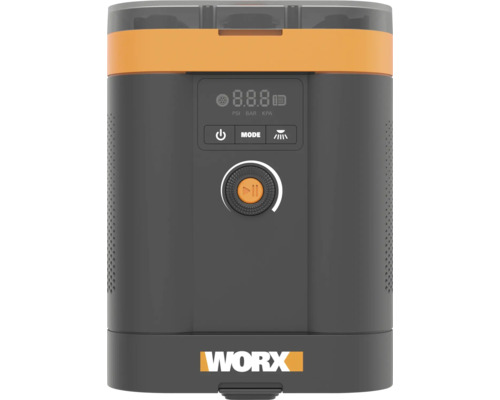 Tragbarer batteriebetriebener Kompressor von WORX mit Digitalanzeige für den Luftdruck und WORX Logo.