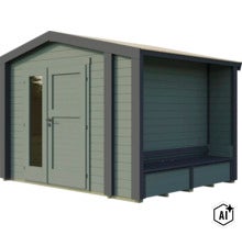 Gartenhaus aus Holz mit integriertem überdachtem Freisitz und Sitzbank, mit Einzeltür mit Glaseinsatz und Satteldach (Image AI modified or generated)