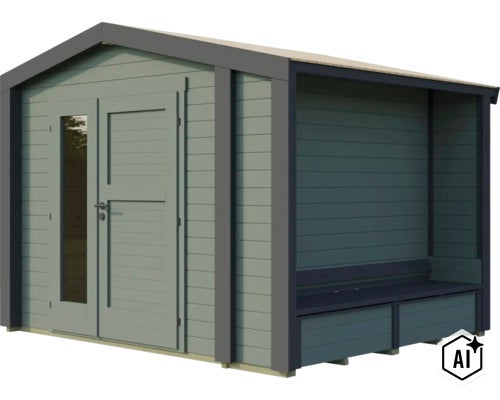 Gartenhaus aus Holz mit integriertem überdachtem Freisitz und Sitzbank, mit Einzeltür mit Glaseinsatz und Satteldach (Image AI modified or generated)