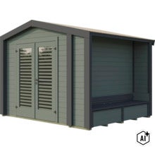 Gartenhaus aus Holz mit Doppeltür und integrierter Überdachung mit Sitzbank für den Außenbereich (Image AI modified or generated)
