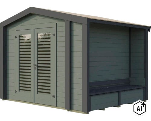 Gartenhaus aus Holz mit Doppeltür und integrierter Überdachung mit Sitzbank für den Außenbereich (Image AI modified or generated)