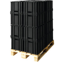 Schwarze Euroboxen aus Kunststoff auf einer Holzpalette gestapelt.