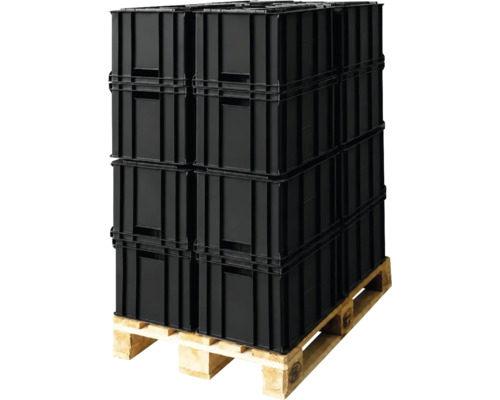 Schwarze Euroboxen aus Kunststoff auf einer Holzpalette gestapelt.