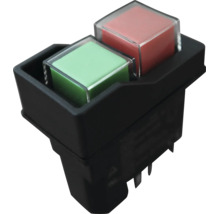 Doppel-Schalter mit grünem und rotem Taster in schwarzem Gehäuse.