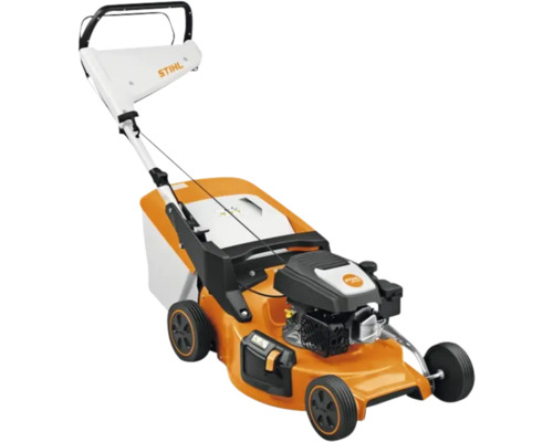 Orange-weißer STIHL Benzin-Rasenmäher mit Grasfangkorb und schwarzem Schiebebügel.