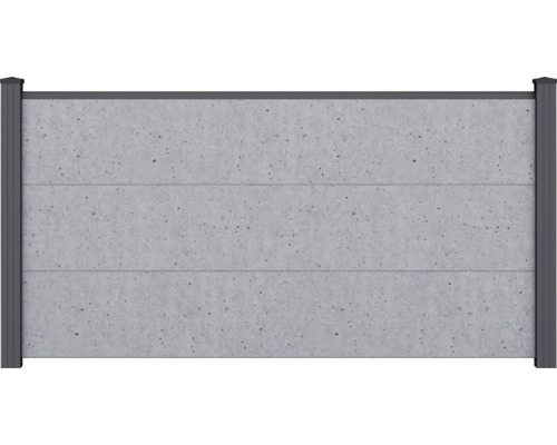Sichtschutzzaun-Element mit Paneelen in Betonoptik und anthrazitfarbenem Rahmen.