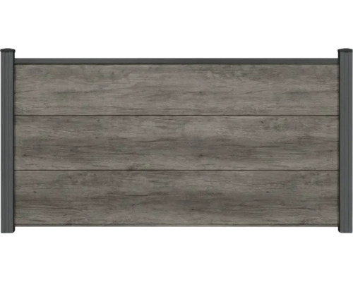 Sichtschutzzaun aus WPC in Holzoptik mit horizontalen Planken und Metallrahmen.