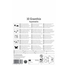 Rückseite der Verpackung für 10 Eranthis hyemalis Blumenzwiebeln mit Pflanzanleitung, Standort- und Pflegehinweisen sowie Herstellerangaben.