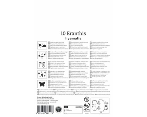 Rückseite der Verpackung für 10 Eranthis hyemalis Blumenzwiebeln mit Pflanzanleitung, Standort- und Pflegehinweisen sowie Herstellerangaben.