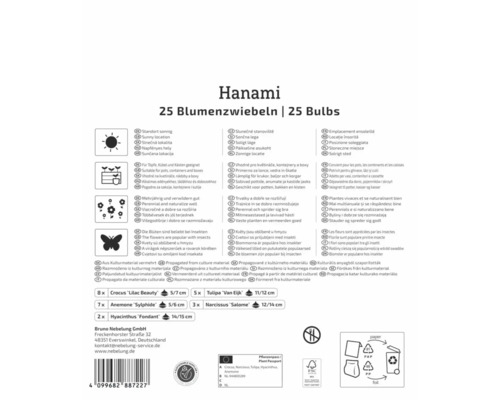 Rückseite der Hanami Blumenzwiebelverpackung mit 25 Stück, Informationen zu Standort, Topf, Insektenfreundlichkeit, Inhaltsliste und FSC Logo.