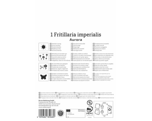 Rückseite der Packung 1 Fritillaria imperialis Aurora mit Symbolen für sonnigen Standort, Mehrjährigkeit, Schnittblumen und Insektenfreundlichkeit.