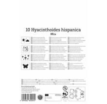Rückseite der Packung für 10 Hyacinthoides hispanica Mix mit Infos zu Standort, Pflanzung, mehrjährigem Wuchs, Insektenfreundlichkeit und PEFC Logo.