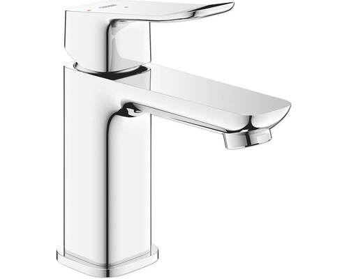 Moderne Grohe Einhand-Waschtischbatterie aus verchromtem Metall mit flachem Auslauf und zylindrischem Körper.
