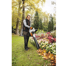 Ein Mann arbeitet mit einem STIHL Saughäcksler in einem hellen Garten. Er saugt Herbstlaub von einem bepflanzten Blumenbeet. Er trägt Schutzausrüstung.
