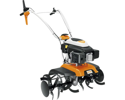 STIHL Benzin-Motorhacke mit verstellbarem Holm und robusten Hackwerkzeugen zur Bodenbearbeitung.