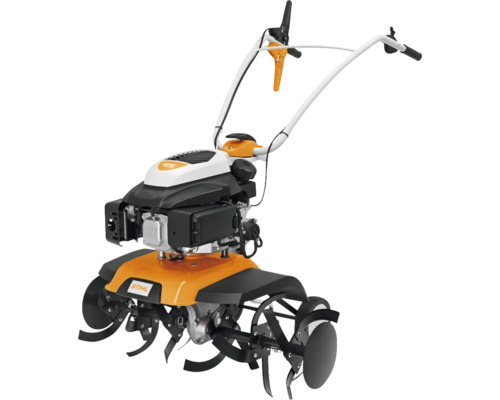 Stihl Motorhacke mit Benzinmotor, Hacksternen und verstellbarem Holm für die Bodenbearbeitung.
