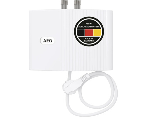 AEG Klein-Durchlauferhitzer mit Netzstecker und zwei Wasseranschlüssen oben. Hergestellt in Deutschland. AEG Logo.