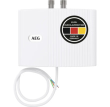 AEG Klein-Durchlauferhitzer, hergestellt in Deutschland, mit AEG Logo, Stromkabel und zwei Wasseranschlüssen an der Oberseite.