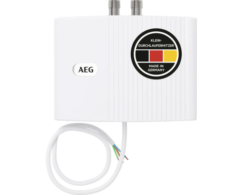 Weißer AEG Klein-Durchlauferhitzer mit Anschlusskabel und AEG Logo. In Deutschland hergestellt.