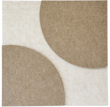 Quadratisches Wandpaneel aus Filz mit zwei kreisförmigen Elementen und geometrischem Muster.