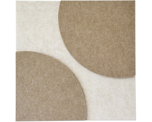 Quadratisches Wandpaneel aus Filz mit zwei kreisförmigen Elementen und geometrischem Muster.