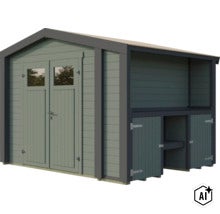 Gartenhaus aus Holz mit Doppeltüren und integriertem Anbau mit weiteren Fächern für Stauraum. (Image AI modified or generated)