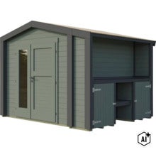 Gartenhaus aus Holz mit Doppeltür und integriertem Anbau sowie separaten Staufächern für Werkzeuge im Garten. (Image AI modified or generated)