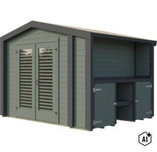 Modernes Gartenhaus aus Holz mit Doppeltür und integriertem Anbau mit Lagerfächern für Werkzeuge oder Brennholz. (Image AI modified or generated)