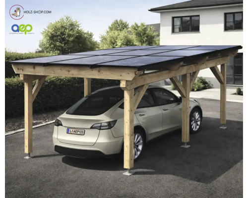 Solarcarport aus Massivholz mit integrierten Solarmodulen auf dem Dach, unter dem ein weißes Elektroauto auf einer Einfahrt parkt.