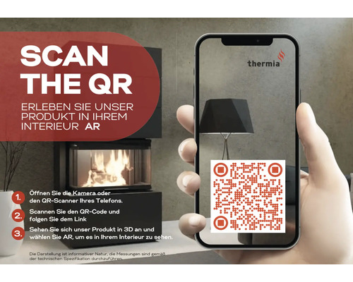 Hand hält ein Smartphone mit einem QR-Code, um einen Thermia Kaminofen mittels Augmented Reality im eigenen Raum anzuzeigen.