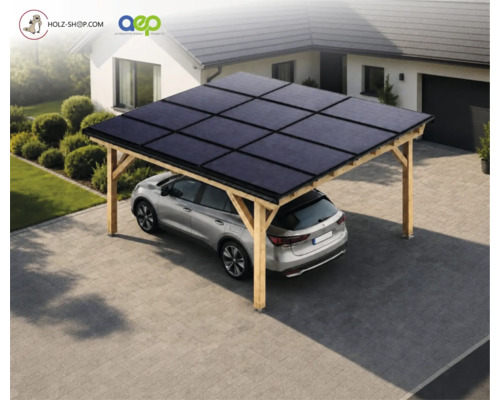 Holz-Solarcarport mit Photovoltaikmodulen auf dem Dach, unter dem ein Fahrzeug auf einer gepflasterten Auffahrt vor einem Wohnhaus parkt.