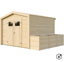 Gartenhaus aus Holz mit Doppeltür und integrierter Mülltonnenverkleidung (Image AI modified or generated)