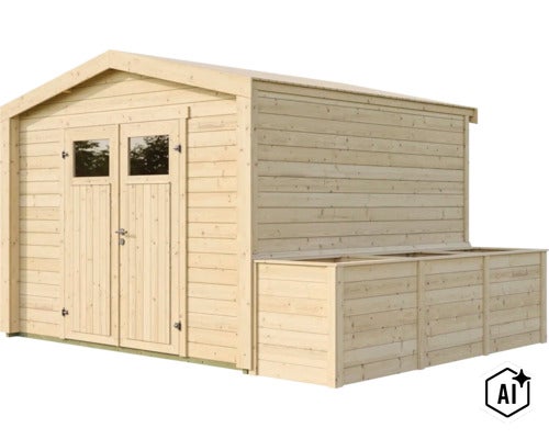 Gartenhaus aus Holz mit Doppeltür und integrierter Mülltonnenverkleidung (Image AI modified or generated)