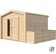 Holzgartenhaus mit Satteldach, Tür mit Glaseinsatz und seitlich angebautem Anbaukasten aus unbehandeltem Nadelholz. (Image AI modified or generated)
